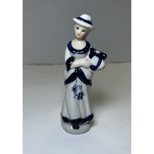 Vintage Victorian/Colonial Porcelain Lady Playing Instrument Figurine White/Blue